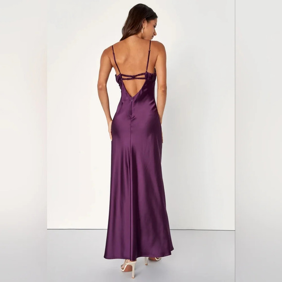 Lulus Romantic Excellence Plum Purple Satin Backless Maxi Dress L Wedding Party - Picture 5 of 10